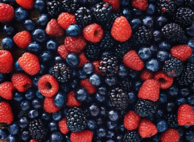 Blueberries,,Raspberries,And,Black,Berries,Shot,Top,Down